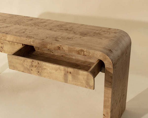 Sunpan ROWENA Console Table – Modern Burl Veneer Entryway Table with Sculptural Design for Sophisticated Decor 112668