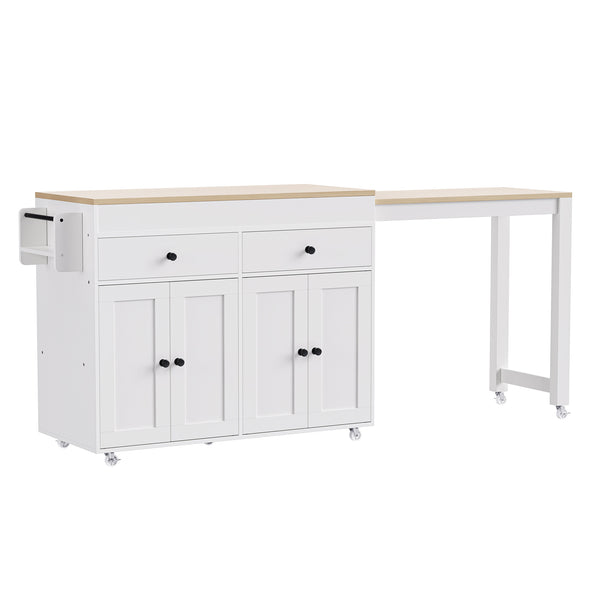 English Elm K&K 74.5" Kitchen Island with 27" Extendable Dining Table, 4 Doors, 2 Drawers, Spice Rack, Wheels Off White N707P333291W