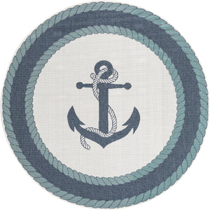 Unique Loom Outdoor Coastal Anchor Machine Made Border Rug Navy Blue, Light Blue/Ivory 7' 1" x 7' 1"