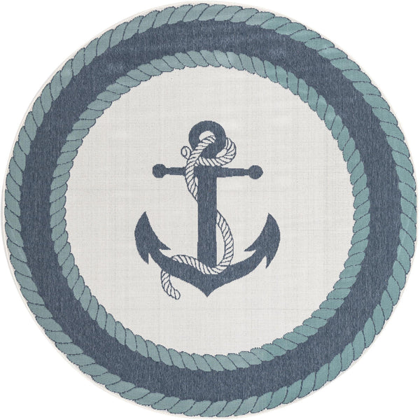 Unique Loom Outdoor Coastal Anchor Machine Made Border Rug Navy Blue, Light Blue/Ivory 7' 1" x 7' 1"