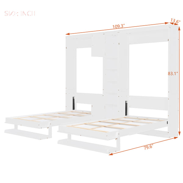 English Elm Dual Twin Wall Murphy Beds with Storage Tower Shelves for Kids or Guest Rooms White N820S00058K-1