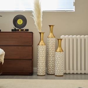 English Elm Floor Modern Metal Vase Set Of 3 – Luxe White With Gold Accents For Stylish Home Décor & Elegance W2796P255600