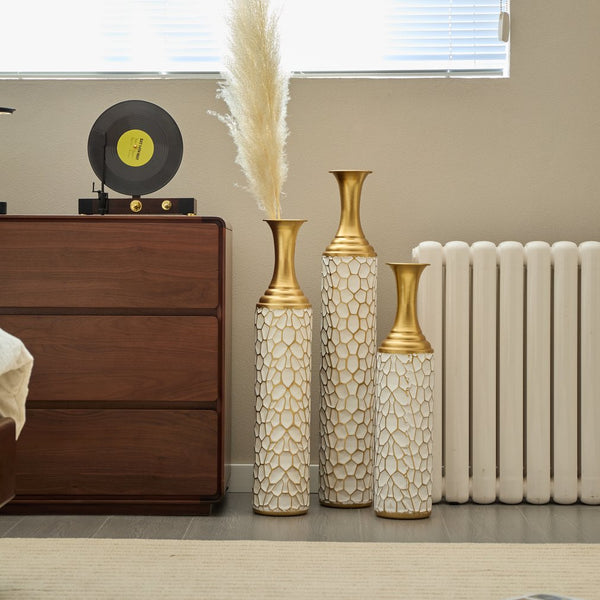 English Elm Floor Modern Metal Vase Set Of 3 – Luxe White With Gold Accents For Stylish Home Décor & Elegance W2796P255600