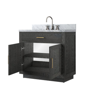 English Elm Black Oak Single-Sink Vanity With Carrara Marble Top & Chrome Faucet Set - Elegant Bathroom Upgrade B2731P260817