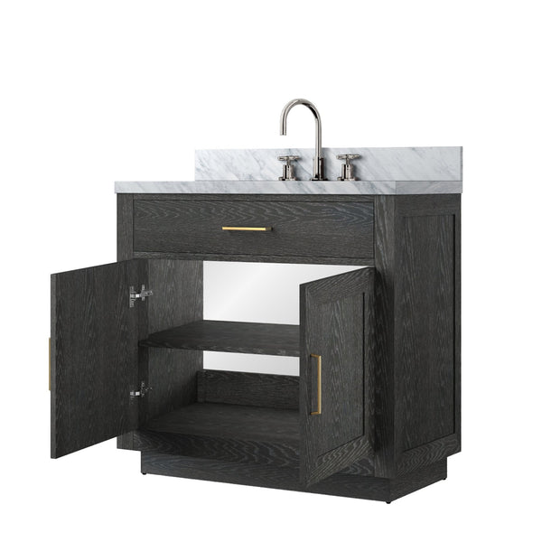 English Elm Black Oak Single-Sink Vanity With Carrara Marble Top & Chrome Faucet Set - Elegant Bathroom Upgrade B2731P260817