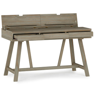 English Elm Bowman Handcrafted Flip-Up Desk in Distressed Grey with USB Power, 3 Drawers, Trestle Base, 54"W B136P158491