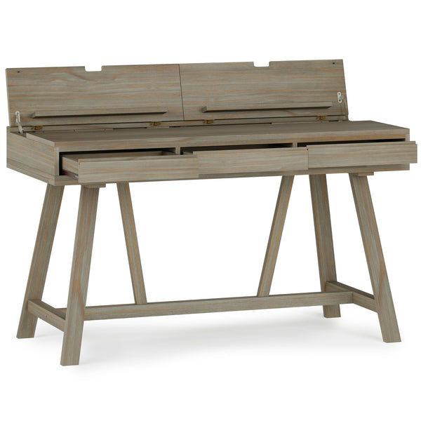 English Elm Bowman Handcrafted Flip-Up Desk in Distressed Grey with USB Power, 3 Drawers, Trestle Base, 54"W B136P158491