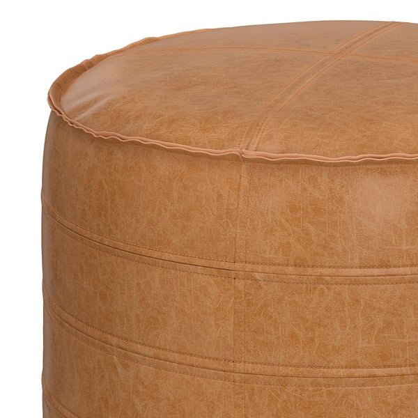 English Elm Brody 20" Round Pouf – Cozy Distressed Brown Vegan Leather Ottoman For Versatile Home Use B136P159283