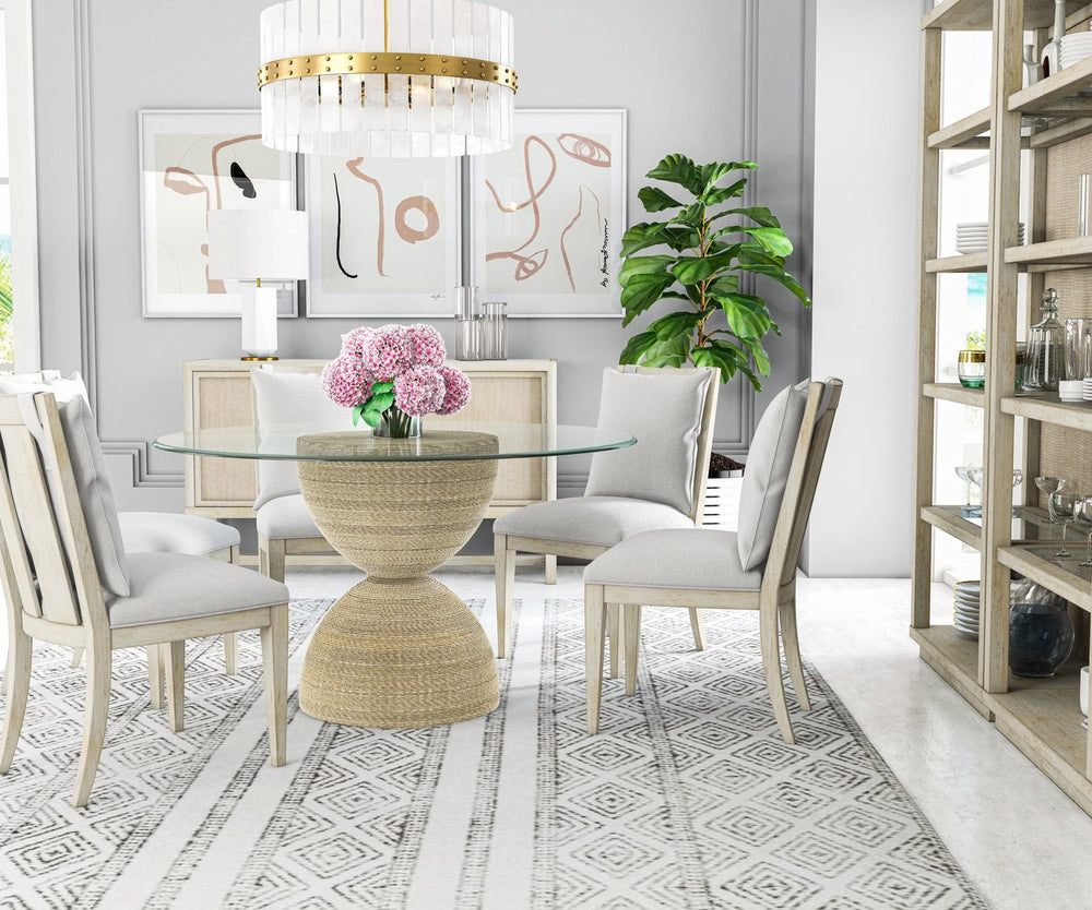 A.R.T. Furniture Cotiere 54" Round Dining Table - Sleek Glass Top, Danish Cord Base, Modern Hourglass Design, Chic Style Beige Resin,Glass 299225-000154