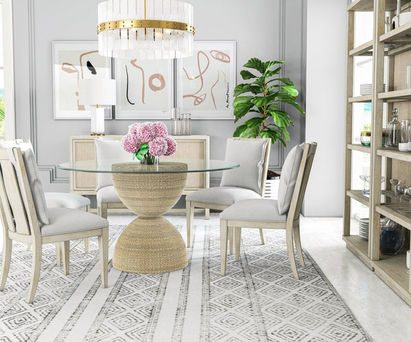 A.R.T. Furniture Cotiere Contemporary Etagere With 5 Glass Shelves, Linen Finish & Adjustable Levelers For Style Beige Materials, Parawood Solids,Mixed Split Cathedral And Quarter,White Oak Veneers,Fabric,Glass 299401-2349