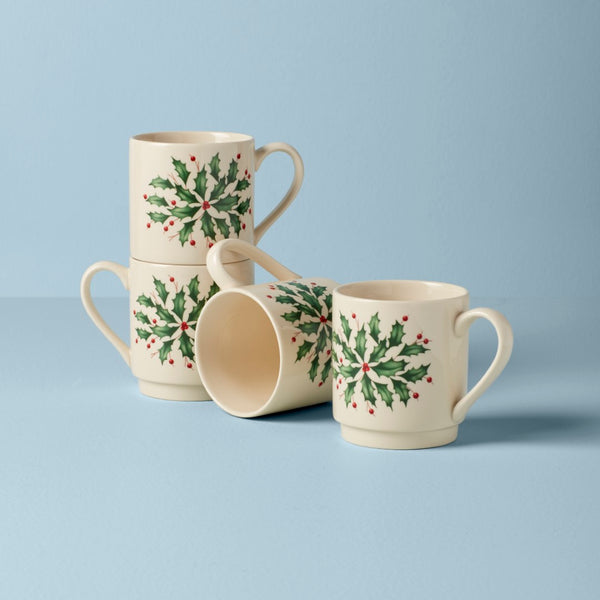 Lenox Hosting the Holidays 4-Piece Stackable Mug Set Red & Green, IVORY STONEWARE 853763