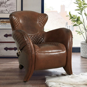 Pasargad Home Vicenza Brown Leather Wing Chair - Classic Elegance & Comfort for Every Space