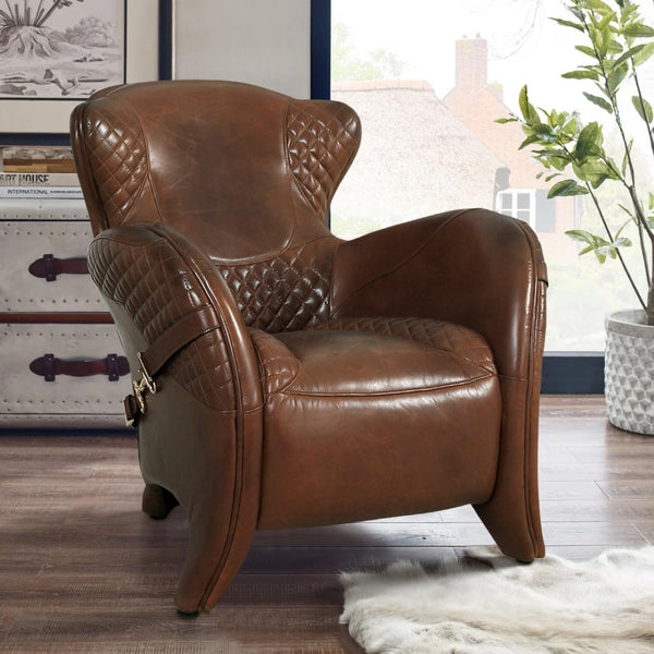Pasargad Home Vicenza Brown Leather Wing Chair - Classic Elegance & Comfort for Every Space