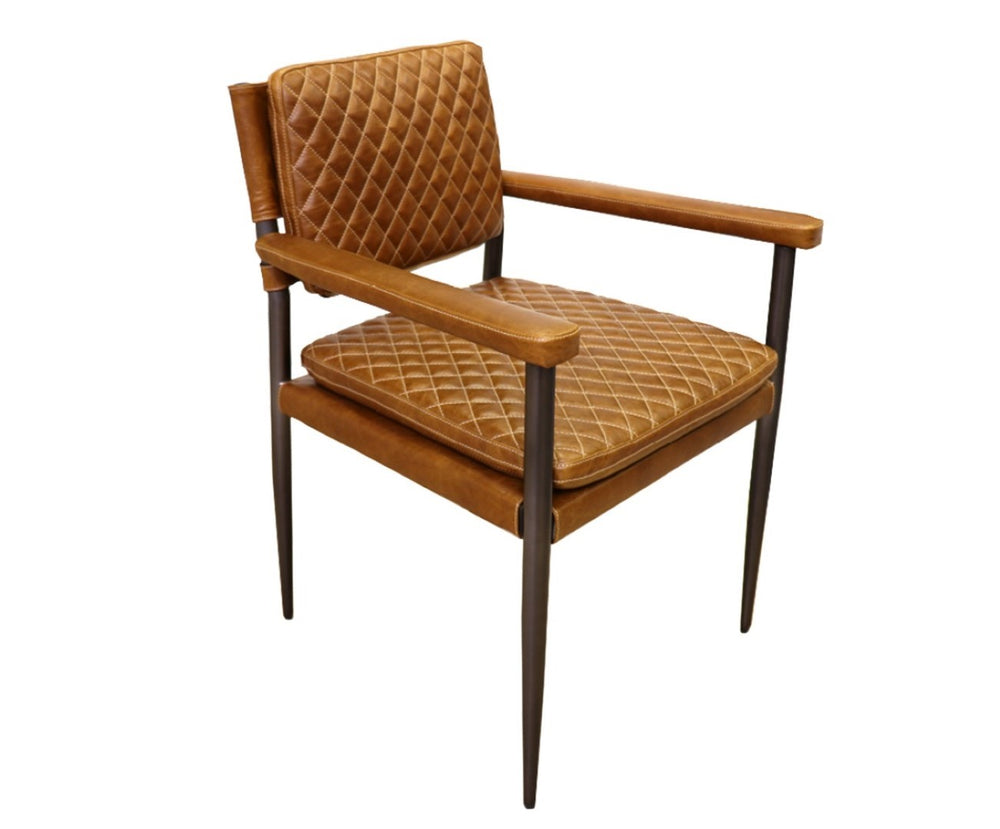 Pasargad Capri Top Grain Leather Dining Chair - Elegant Quilted Design With Armrests For Luxury Brown Top Grain Leather Chair-0115g-1