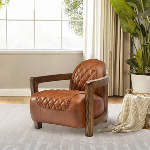Pasargad Ethan Top-Grain Leather Lounge Chair – Elegant Design with Solid Wood Armrests & Comfort