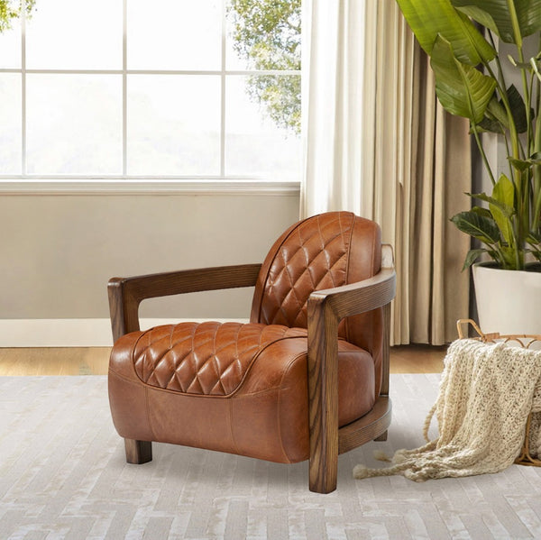 Pasargad Ethan Top-Grain Leather Lounge Chair – Elegant Design with Solid Wood Armrests & Comfort