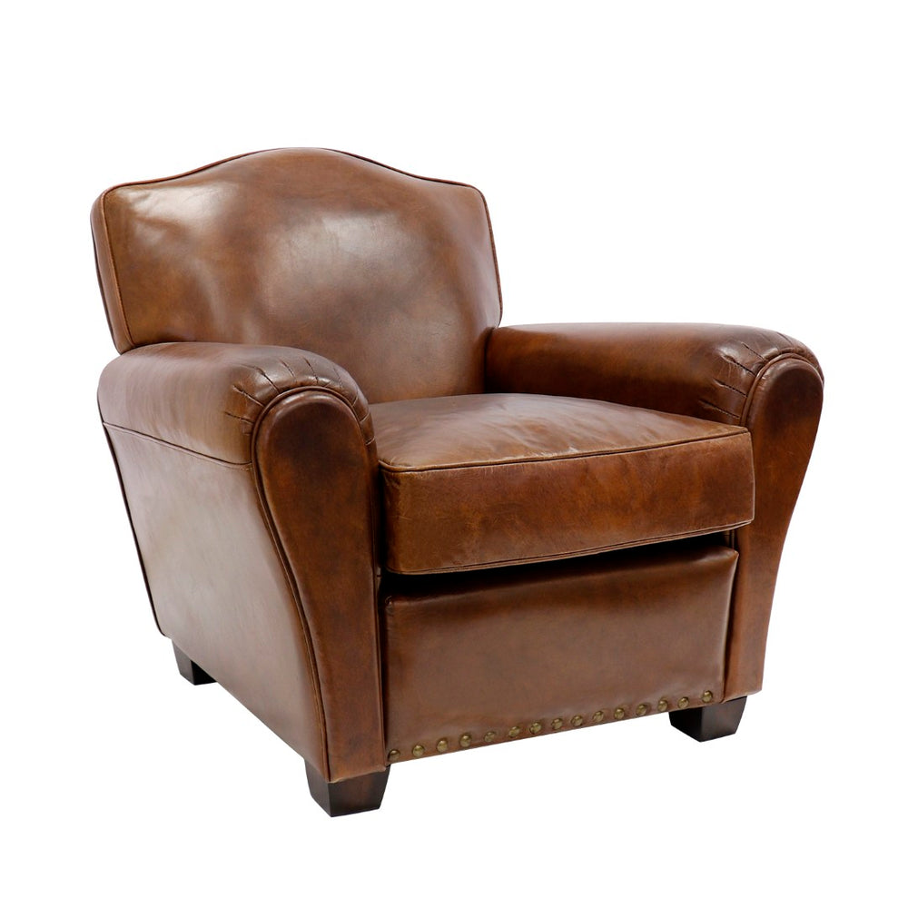 Pasargad Home Palermo Luxurious Vintage Leather Wing Chair with Rolled Arms & Nail Head Trim