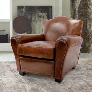 Pasargad Home Palermo Luxurious Vintage Leather Wing Chair with Rolled Arms & Nail Head Trim