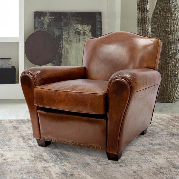 Pasargad Home Palermo Luxurious Vintage Leather Wing Chair with Rolled Arms & Nail Head Trim