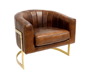 Pasargad Castello Vintage Cigar Leather Barrel Chair with Gold Frame – Elegant & Trendsetting Design