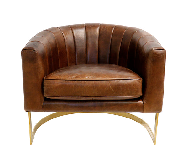 Pasargad Castello Vintage Cigar Leather Barrel Chair with Gold Frame – Elegant & Trendsetting Design