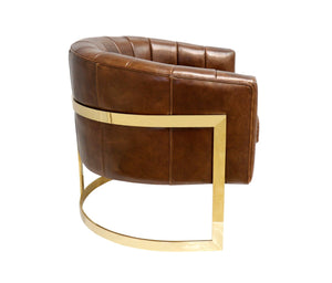 Pasargad Castello Vintage Cigar Leather Barrel Chair with Gold Frame – Elegant & Trendsetting Design