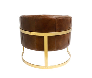 Pasargad Castello Vintage Cigar Leather Barrel Chair with Gold Frame – Elegant & Trendsetting Design