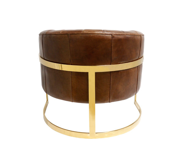 Pasargad Castello Vintage Cigar Leather Barrel Chair with Gold Frame – Elegant & Trendsetting Design