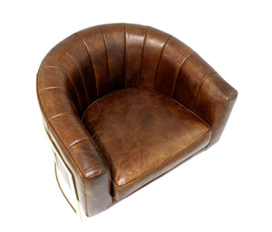 Pasargad Castello Vintage Cigar Leather Barrel Chair with Gold Frame – Elegant & Trendsetting Design