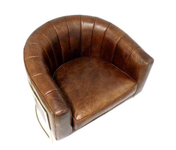 Pasargad Castello Vintage Cigar Leather Barrel Chair with Gold Frame – Elegant & Trendsetting Design