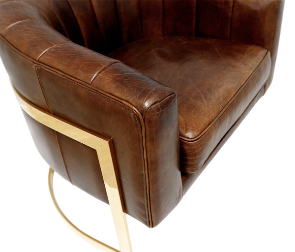 Pasargad Castello Vintage Cigar Leather Barrel Chair with Gold Frame – Elegant & Trendsetting Design