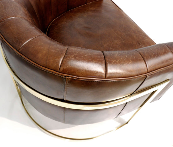 Pasargad Castello Vintage Cigar Leather Barrel Chair with Gold Frame – Elegant & Trendsetting Design