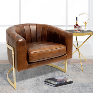Pasargad Castello Vintage Cigar Leather Barrel Chair with Gold Frame – Elegant & Trendsetting Design