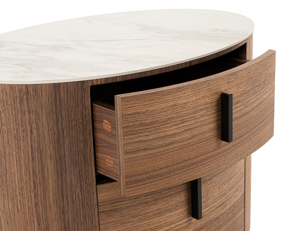 VIG Furniture Chelton Oval Nightstand With White Ceramic Top & Walnut Veneer, 2 Soft-Close Drawers, 27"W VGHB351U3-WAL-NS