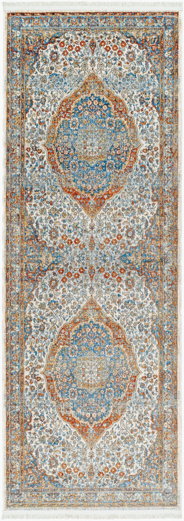 Livabliss Chicago Traditional Polyester Area Rug with Fringe Low Pile for Large Living Spaces Blue, Rust 2'10" x 12' CHG2306-2101111