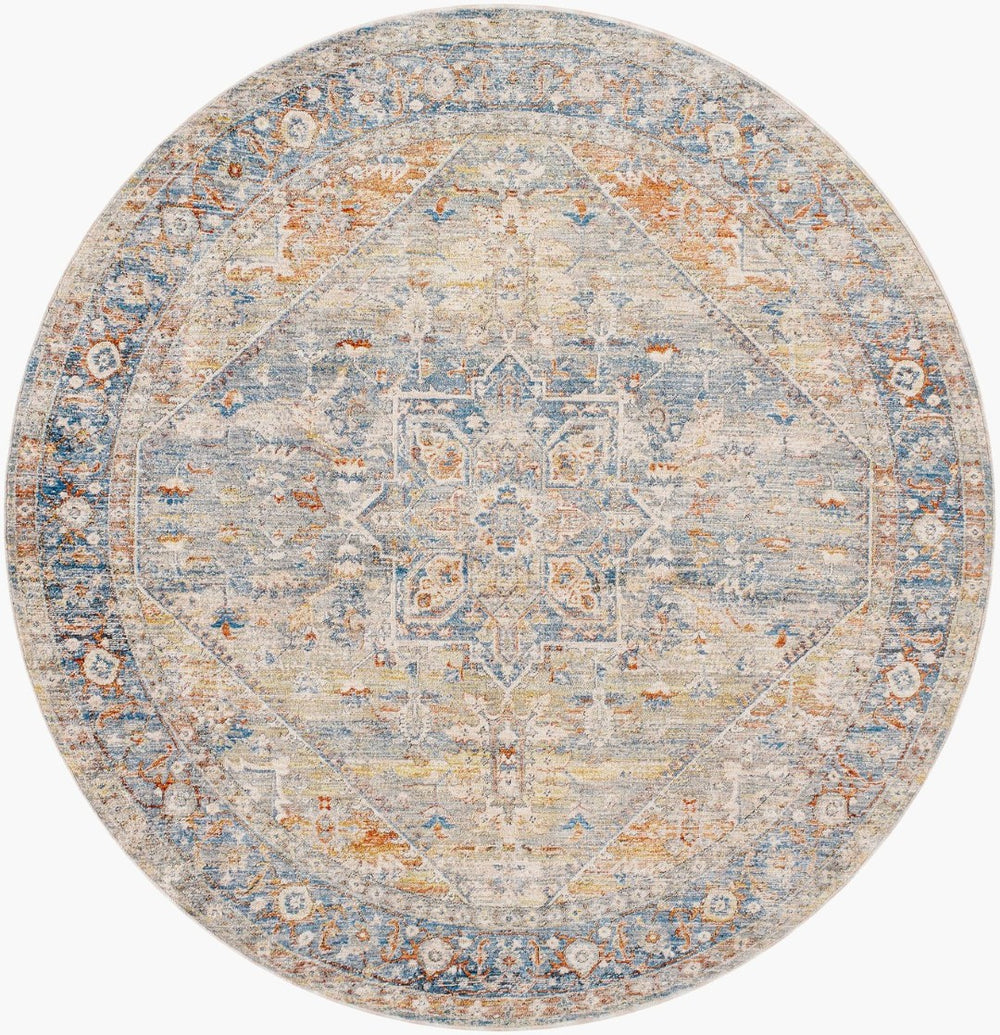Livabliss Chicago Traditional Border Fringe Accent Rug Turkey Woven Polyester Entryway Floor Mat Blue, Light Bei 6'7" x 6'7" CHG2307-67RD