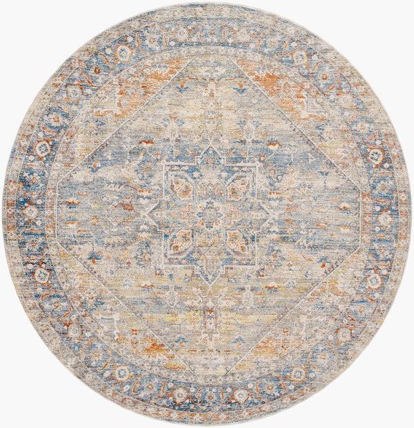 Livabliss Chicago Traditional Border Fringe Accent Rug Turkey Woven Polyester Entryway Floor Mat Blue, Light Bei 6'7" x 6'7" CHG2307-67RD