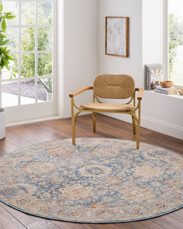 Livabliss Chicago Machine Woven Polyester Area Rug with Fringe Traditional Style for Large Rooms Blue, Light Bei 6'7" x 6'7" CHG2310-67RD