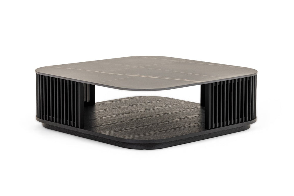VIG Furniture Chip Square Modern Black Ceramic Coffee Table With Black Ash Base, Scratch‑Resistant, Sculptural Design VGDW-DW5008-08