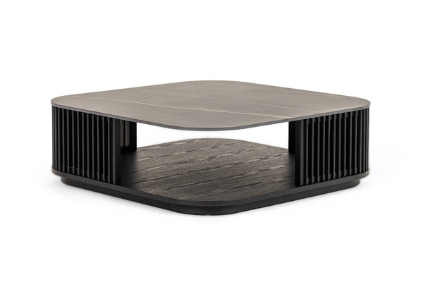 VIG Furniture Chip Square Modern Black Ceramic Coffee Table With Black Ash Base, Scratch‑Resistant, Sculptural Design VGDW-DW5008-08