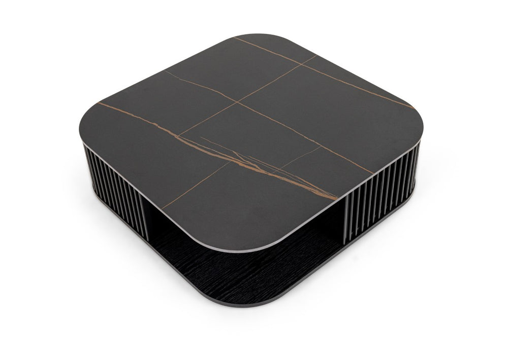 VIG Furniture Chip Square Modern Black Ceramic Coffee Table With Black Ash Base, Scratch‑Resistant, Sculptural Design VGDW-DW5008-08