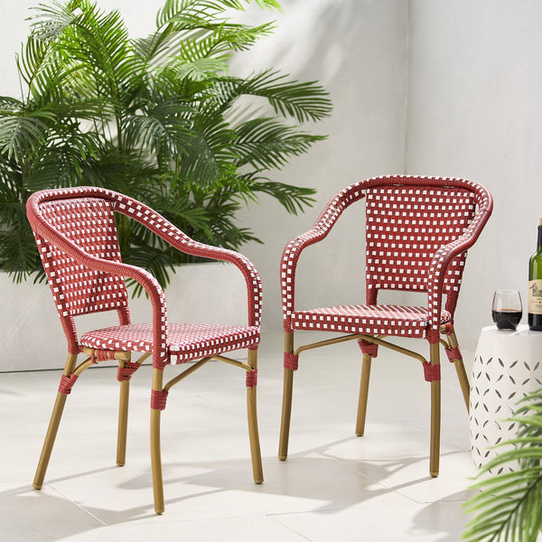 English Elm Bistro Chair Set of 2 French Country Woven Aluminum Outdoor Patio Seating Pair Red 72906.00RED