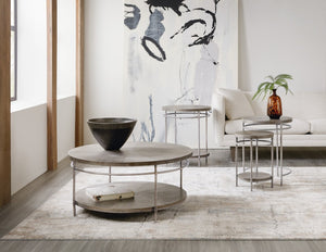 Hooker Furniture Round Starburst Cocktail Table With Acacia Veneer Top & Lower Shelf, Golden Brown Metal Frame, Transitional Design 5903-80111-85