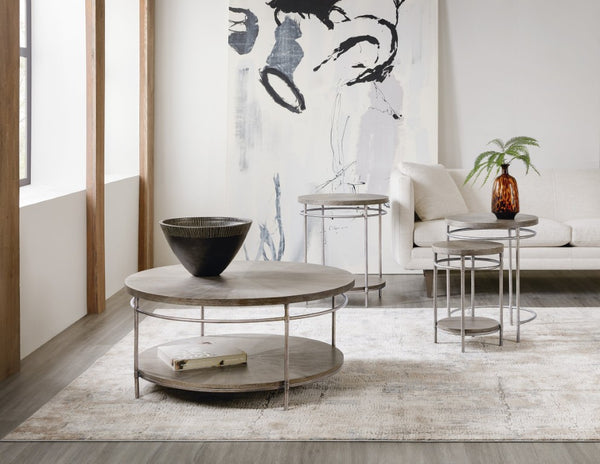 Hooker Furniture Round Starburst Cocktail Table With Acacia Veneer Top & Lower Shelf, Golden Brown Metal Frame, Transitional Design 5903-80111-85