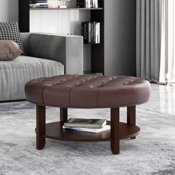English Elm Round Tufted Pu Leather Ottoman with Open Shelf Storage for Living Room Dark Brown 71589.00DBRN