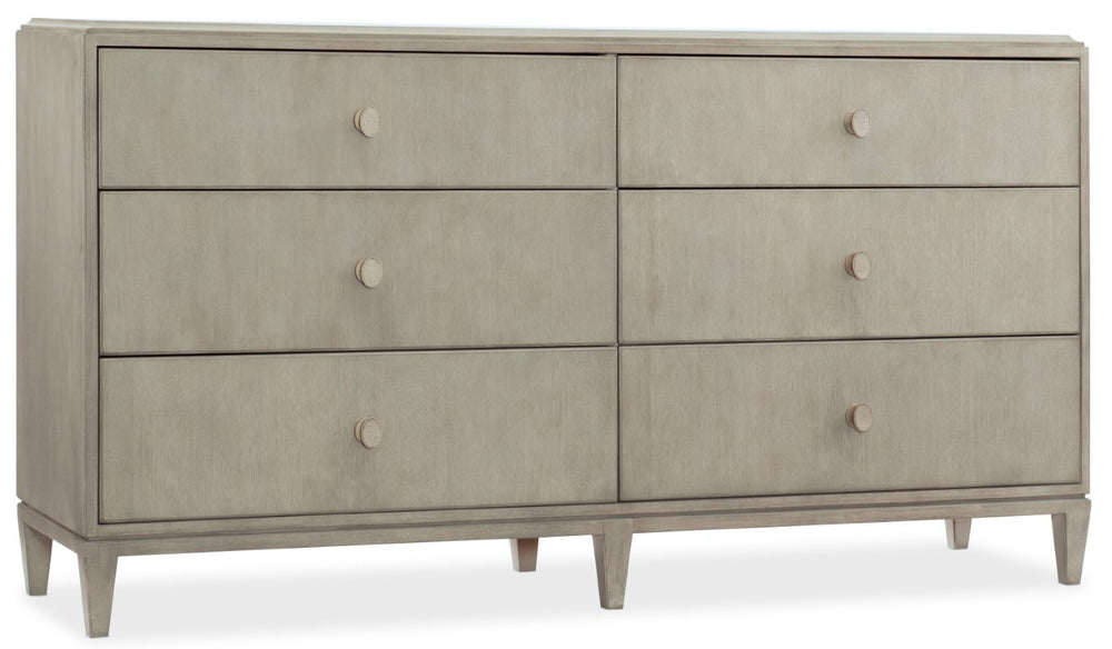 Hooker Furniture Elixir Six-Drawer Dresser In Sand-Blasted Walnut Veneer With Cedar & Felt-Lined Drawers, Champagne Hardware 5990-90002-LTWD