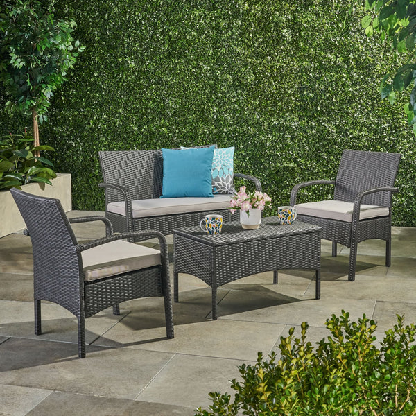 English Elm Christopher Knight Home® - CORDOBA PE Rattan 4-Pc Wicker Chat Set with Cushions, Iron Legs & Waterproof Fabric Comfort Grey 57458.00GRY