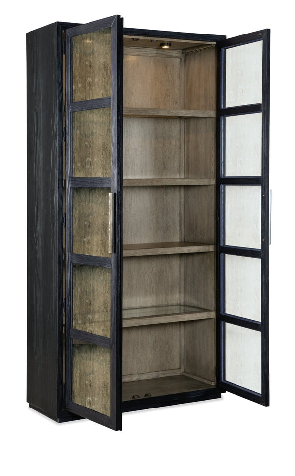 Hooker Furniture Linville Shou Sugi Ban Curio Cabinet — Charred-Black Pine, Mink Interior, Led Puck Lights, Adjustable Shelves 6150-75906-99