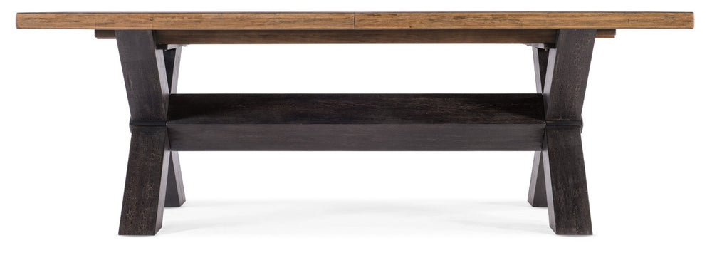 Hooker Furniture Big Sky Trestle Dining Table — Hand‑Distressed Pecky Hickory, X‑Base, 2 Removable 20" Leaves, Seats 10 6700-75200-80
