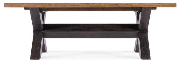 Hooker Furniture Big Sky Trestle Dining Table — Hand‑Distressed Pecky Hickory, X‑Base, 2 Removable 20" Leaves, Seats 10 6700-75200-80